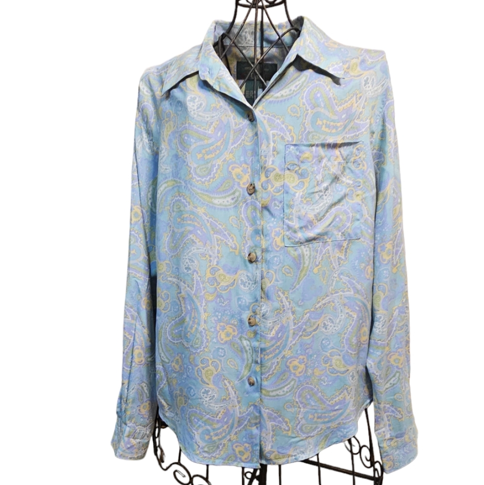 Orvis 100% Silk shirt. Women's long sleeve psychedelic paisley print. Sz 12